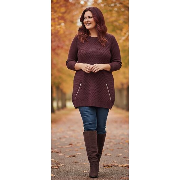 Dressbarn Women 2x OX Blood Burgundy Lattice Diamond Knit Tunic Length Sweater - Picture 1 of 6